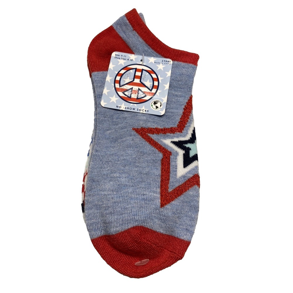 2 pairs womens holiday red white blue no show‎ ankle socks size 9-11 shoe 4-10